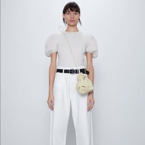 Zara ivory ribbed knit crewneck puff princess short sleeve pullover top blouse